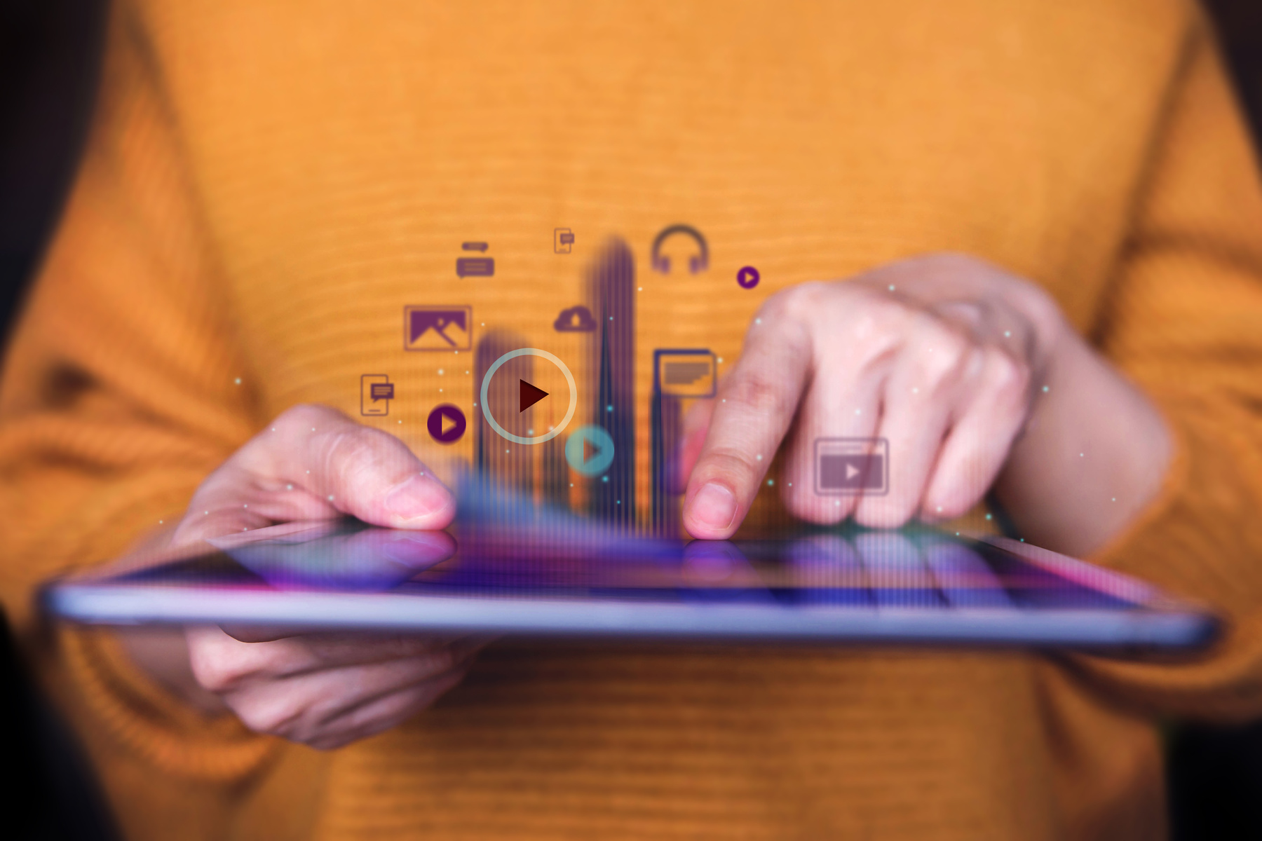 Closeup of  Woman Using Digital Tablet to Enjoying Digital Media, Front View